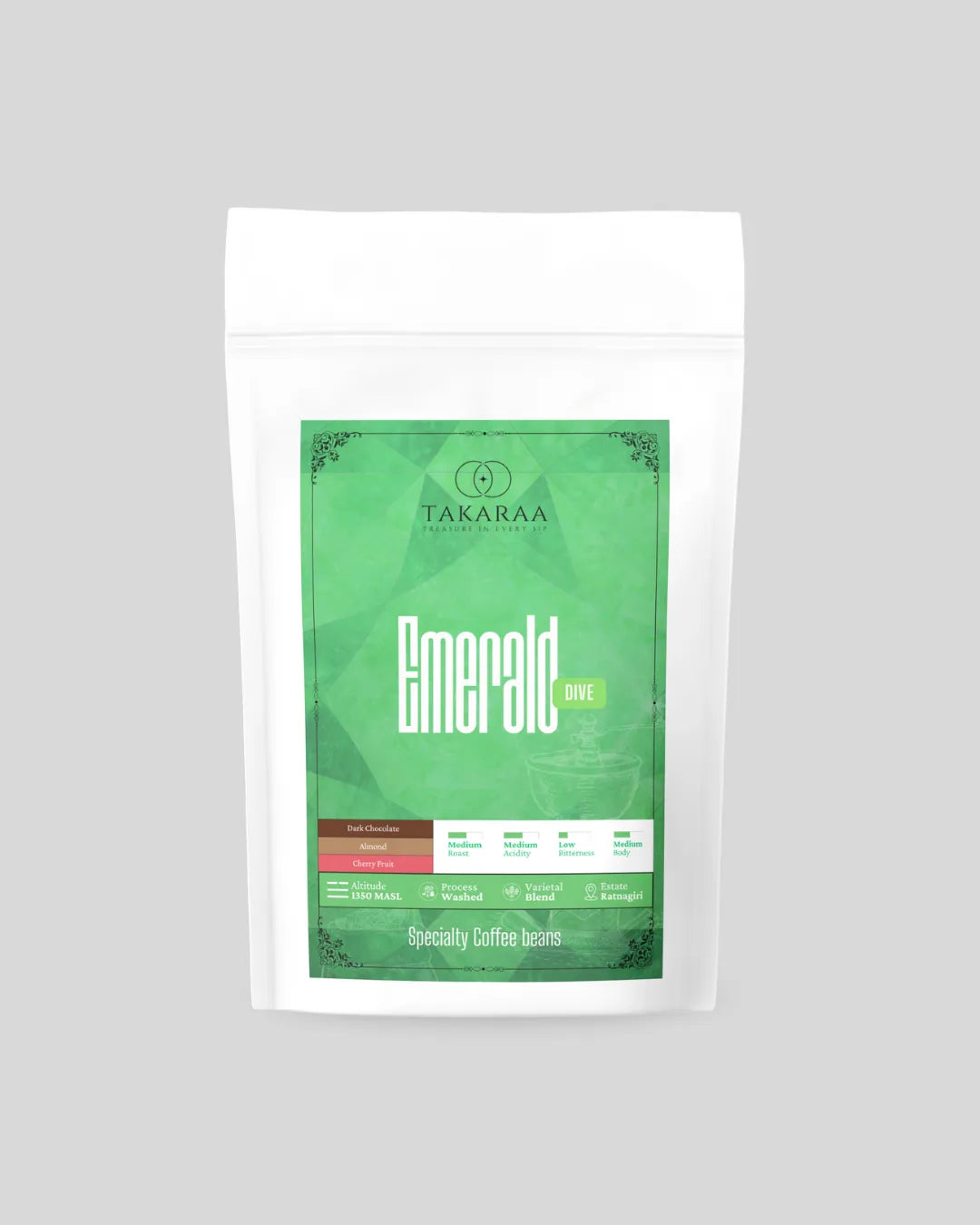 Takaraa Emerald coffee package on a gray background