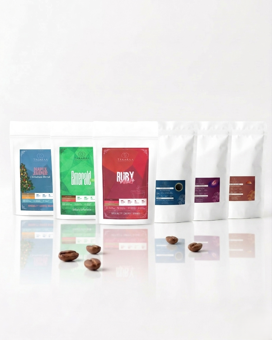 Assorted coffee packages on a white background