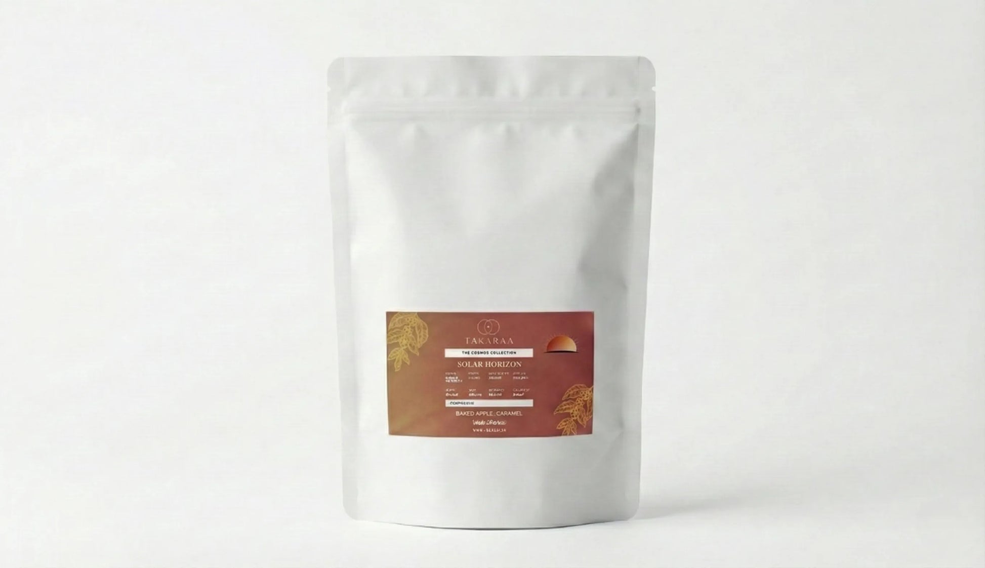 White coffee bag with a label on a white background